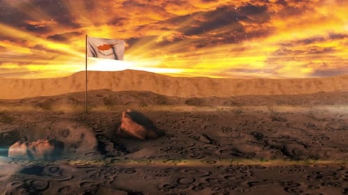 Waving Cyprus Flag on Distant Planet with Dramatic Sunrise