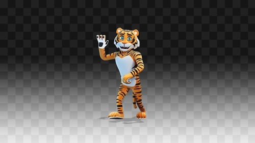 Tiger geht und grüßt mit einer Hand