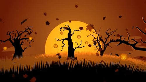 Haunted graveyard with dark silhouettes of trees full of creepy jack-o lanterns.