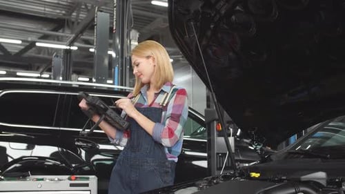 Cheerful Positive Female Mechanic with Digital Tablet Looking at Camera