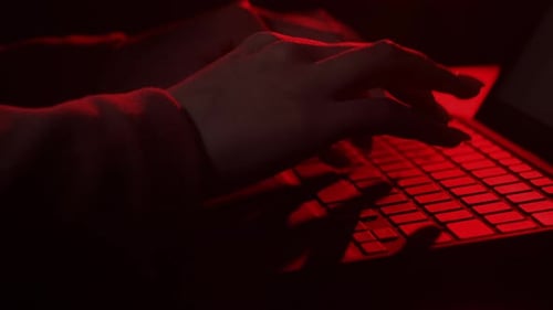 Hacker Attack Cyber Security Hands Laptop Dunkelrot