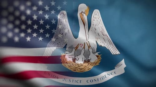 Waving Louisiana State and American Flags Display