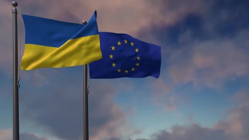 Ukraine and European Union Flags Waving Against Cloudy Sky