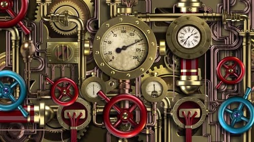 Intricate Steampunk Machine with Rotating Gears and Moving Gauges