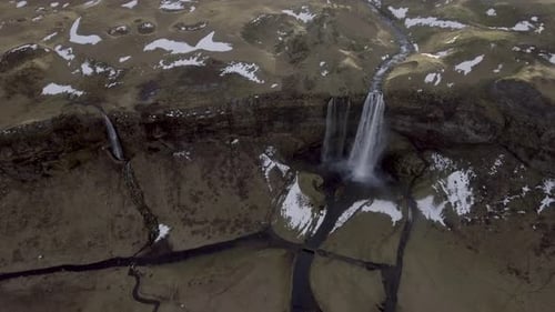 Seljalandsfoss waterfall in Iceland aerial panoramic view at sunrise