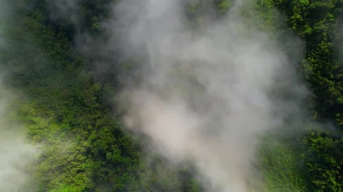 Aerial top view from drone above the mountain fog in the morning