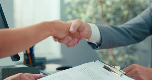 Job Interview in Company Office Contract Conclusion Handshake Congratulations Thank you Greeting