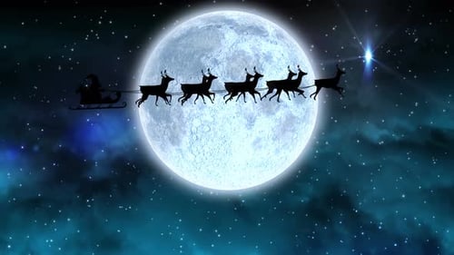 Santa Claus and Reindeer Sleigh Flying Across Moonlit Christmas Sky
