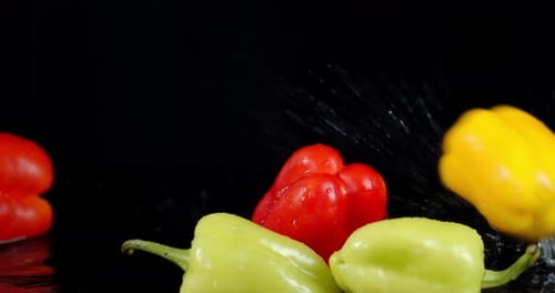 Fresh Bell Peppers Rolling on a Wet Surface