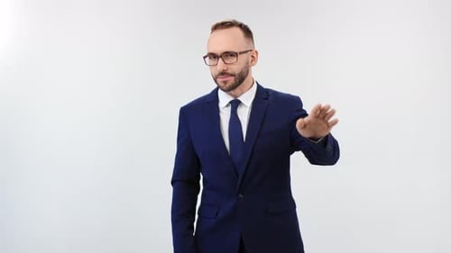 Trendy Businessman in Suit Posing Showing Disagree Gesturing