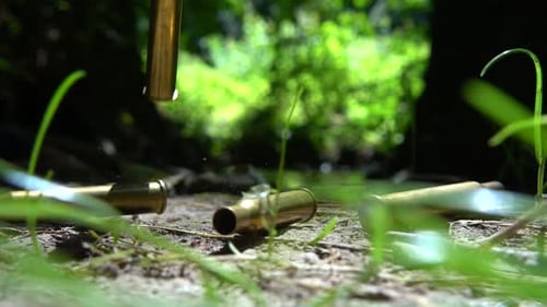 Bullet casings fall to the ground. Shooting in the forest. Slow motion.