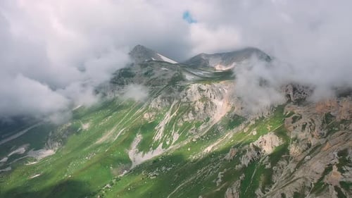 Epic Morning Amazing Mountain Landscape Under Moving Large Clouds in Summer Sunny Weather, Adygea