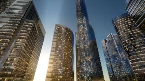 Rascacielos de la ciudad al atardecer