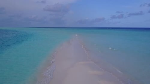 Aerial drone travel of marine tourist beach trip by clear sea and sand background