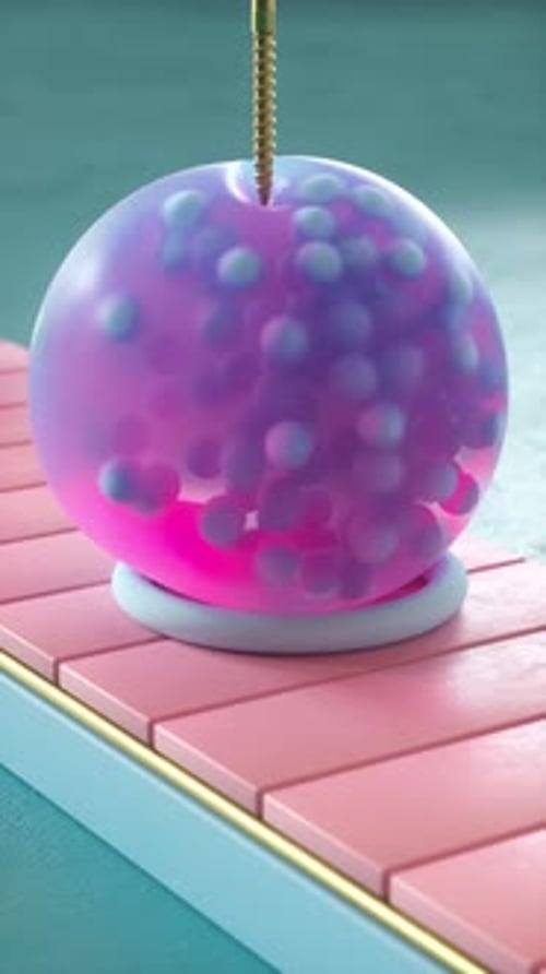 Automatische Bohr-Spiking-Gelkugel mit kleinen Kugeln, die sich auf einem rosa Förderband bewegen. Befriedigende 3D-Schlei