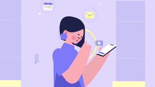 Flat Design Animation: Woman Using Smartphone with Notification Icons