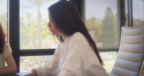 Two women having a business meeting, working on a laptop at the office