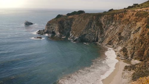 Static Panoramic Shot of Amazing Summer Ocean Beach Coastline Rocks at Beautiful Epic Big Sur Vista