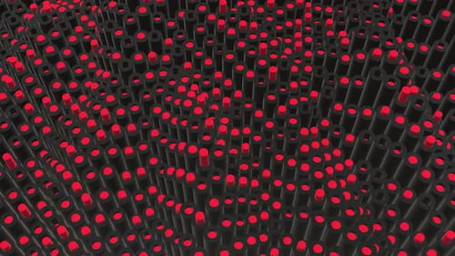 Rows of cylinders with tubes inside waving slowly, seamless loop