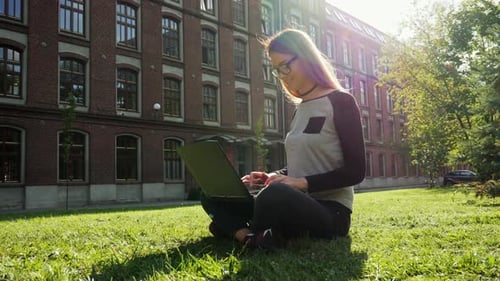 Beautiful and Modern Female Student or Freelancer Working on a Laptop, Sitting in a Park