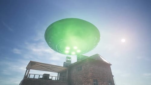 UFO Spaceship Departs from Desert House 3D Animation