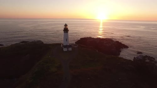 Aerial view of Yaquina Bay Lighthouse at sunset, Newport, Oregon