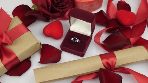 Engagement ring in opened red box. St. Valentine's Day surprise