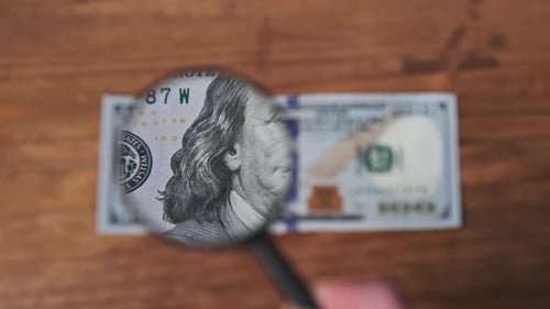 One Hundred Dollars Look Under Magnifying Glass on Wooden Table
