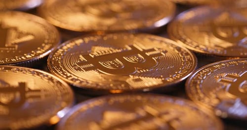 Close Up of Gold Bitcoin Coins
