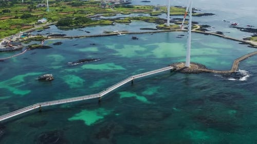 Blue sky and sea and wind turbine. Green energy and environment. Drone View.