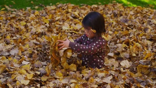 Young Girl Throws Leaves in an Autumn Pile