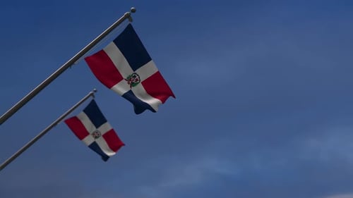 Dominican Republic Flag Waving in Blue Sky