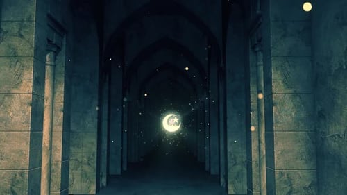 Glowing Crescent Moon Star Reveal in Ancient Mosque Hallway