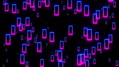 4K Helle Neonbilder, die in einer Schleife fallen. Elektrischer Rechteckrahmen auf dunklem Hintergrund