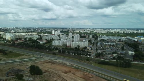 City block. The railway line and motorway pass nearby. Aerial photography.