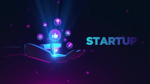 Futuristic Robotic Hand Presents Glowing Startup Technology Icons