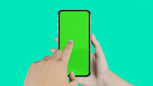 Smartphone with chromakey screen in hand. Finger touches empty display of mobile phone.