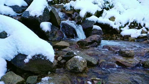 Small Stream Among Wet Stones and White Snow in the Picturesque Carpathian Mountains in Ukraine