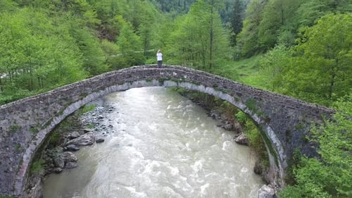 Woman Watching From Historic Stone Bridge in Forest Valley