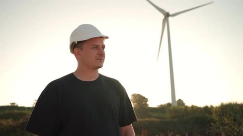 Engineer Man in White Hard Hat Walking on Field with Huge Windmills During Summer Sunset