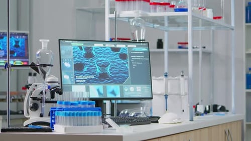 Empty Lab Bench with Microscope and Test Tubes