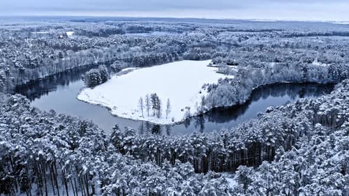 Cold curvy river and snowy forest. Aerial view of nature