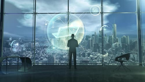 Futuristic Corporate Digital Interface Displaying Data Network and Laptop