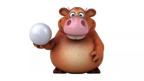Funny 3D Cartoon Cow Holding Golf Ball Animation