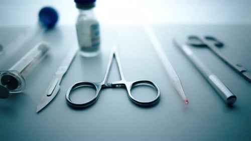 Medical Instruments in Steel Tray on Table for Surgery