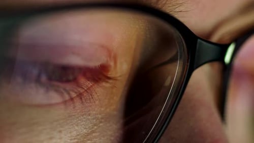 Frau mit Brille schaut auf den Monitor und surft im Internet