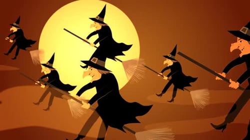 Cartoon Witches Fly Across Moonlit Halloween Sky