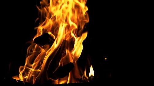 Brennendes Feuer mit Funken. Rote und orange Flammen steigen auf. Schwelende schwarze Holzscheite im Feuer