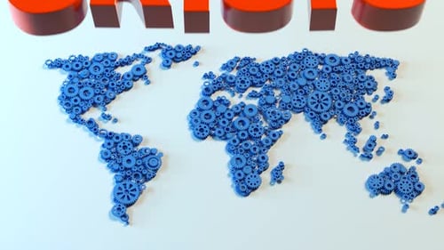 Global World Map Gears Crisis Text Reveal Animation