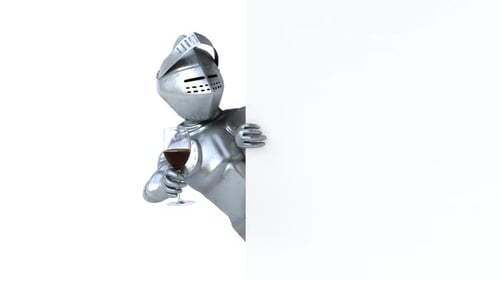 Animated 3D Knight with Wine Peeking from Behind a White Panel